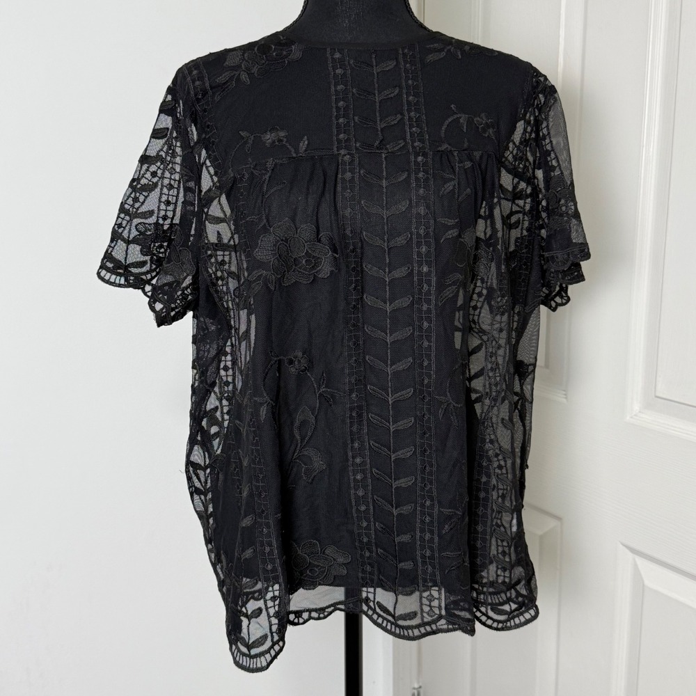 Merona Womens XL Black Sheer Lace Blouse Floral Embroidered Boho Goth Top
